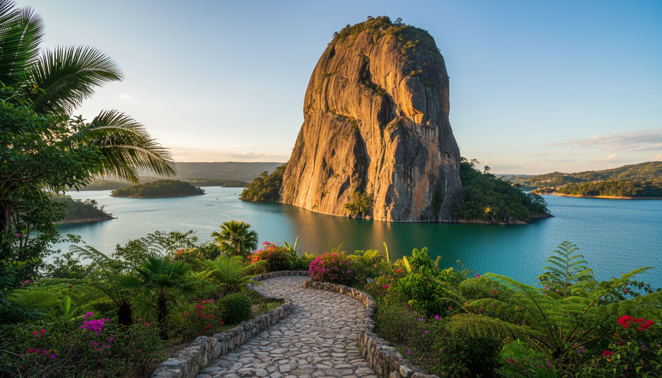 A high-contrast, vibrant photograph of the iconic Piedra del Peñol rock towering dramatically above the shimmering blue waters of the Guatapé reservoir. The massive granite surface is intricately textured, with subtle veins and deep crevices catching the late afternoon sun. The foreground shows a detailed cobblestone path leading towards the base, bordered by lush tropical plants. The scene is awash with golden hour light, casting warm orange highlights and long, soft-edged shadows, creating a dynamic and inviting atmosphere. The camera angle is low and slightly off-center for an immersive effect. The artistic approach is photographic realism with a vibrant, colorful finish, perfectly representing the excitement of exploring Medellín’s iconic sites.